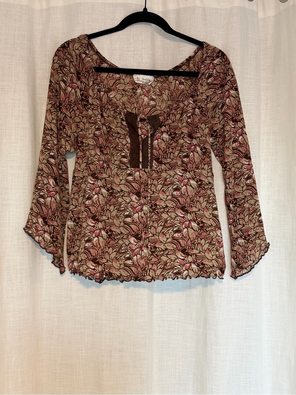New York City Design Co Floral Boho Peasant Top XL Brown Pink Bell Sleeve